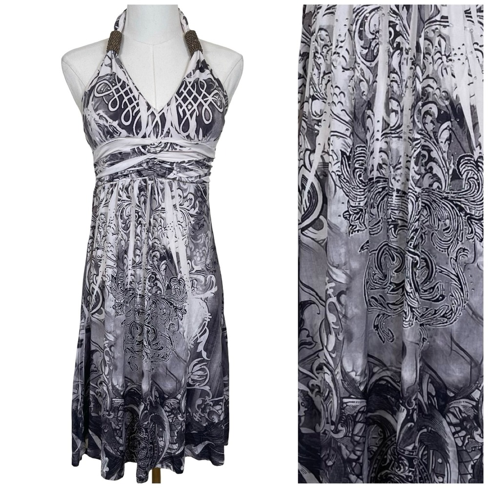 Vintage Cristinalove Halter Neck Dress Womens M Black White Rhinestone Y2K